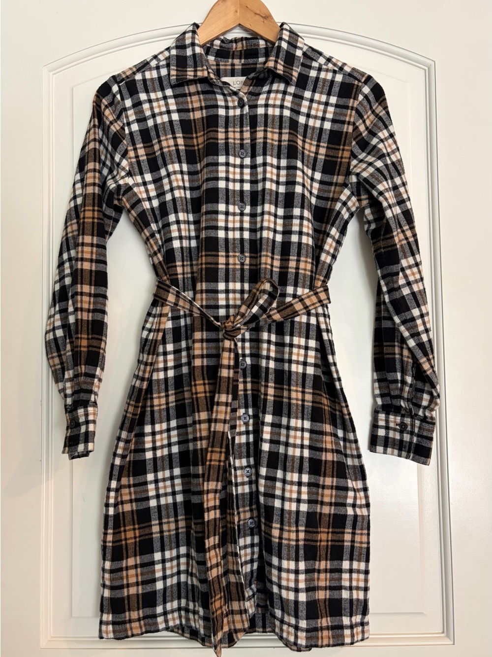 LOFT Cotton Plaid Button-Front Shirt Dress with Waist Tie Cozy Size Small